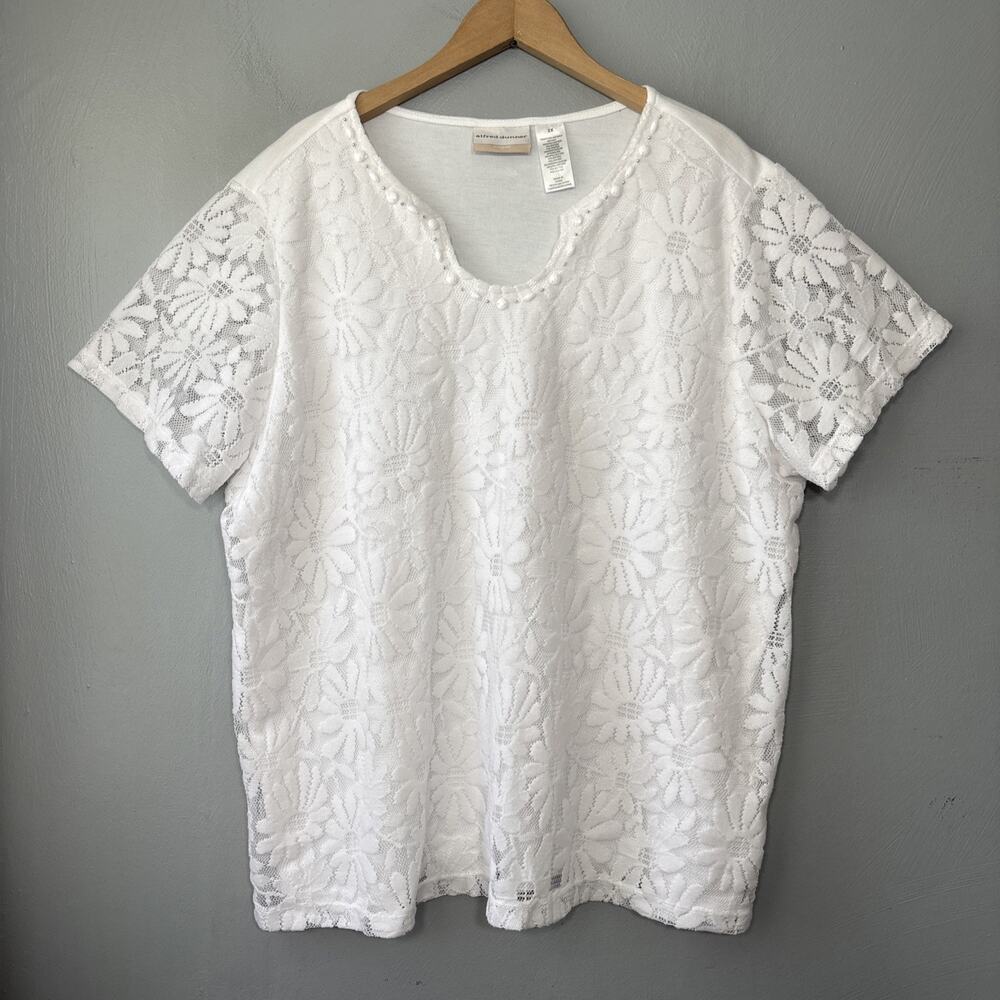 Alfred Dunner Top Plus Size 2X White Beaded Lace Floral Grandma Romantic Summer